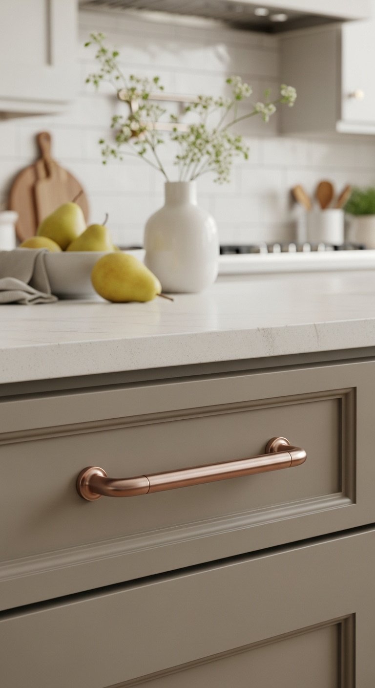 Elegant champagne bronze drawer pull on a warm greige kitchen cabinet with soft diffused light and serene sophisticated mood