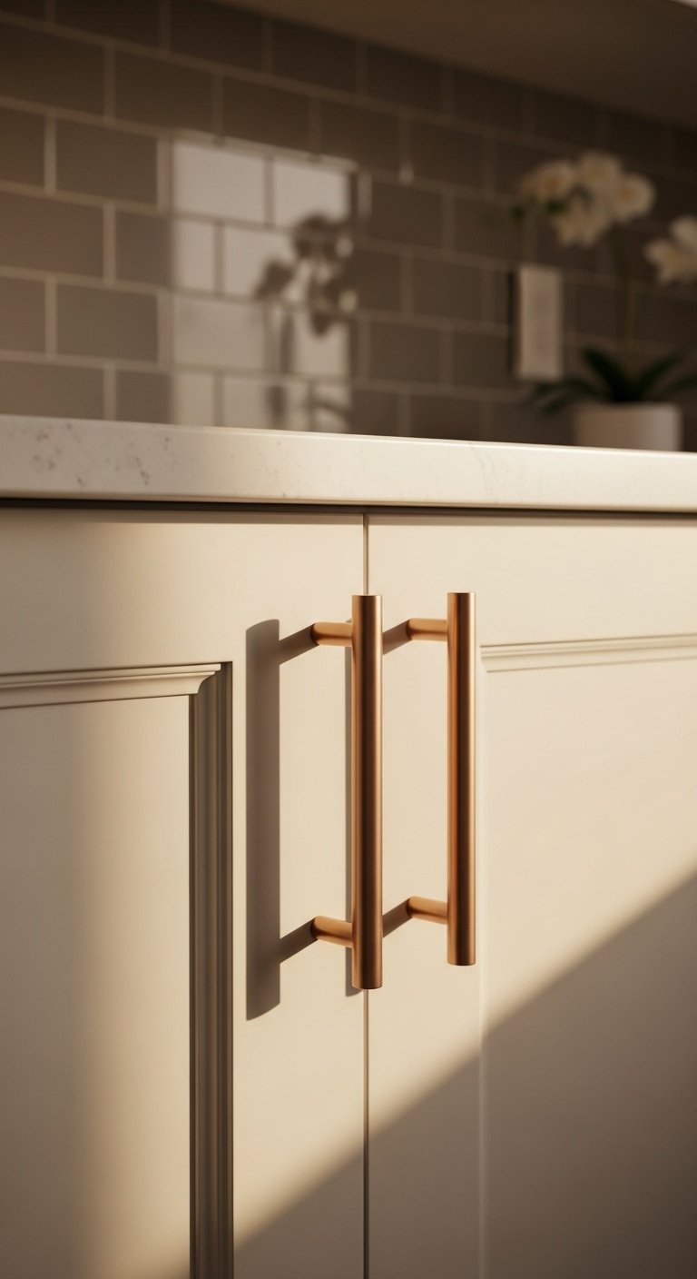 Elegant champagne bronze pull on a creamy white cabinet door with warm moody light and elegant minimalist mood