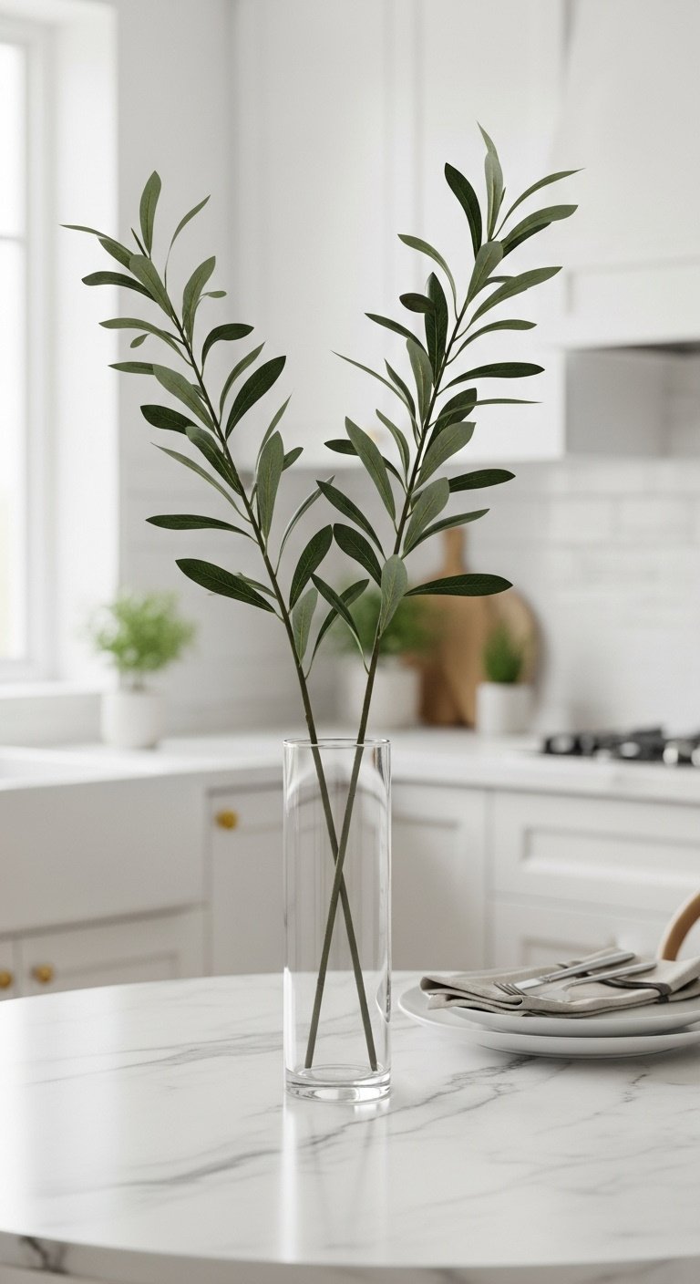 Elegant clear glass vase with faux olive branches on a round white marble kitchen table in bright studio light