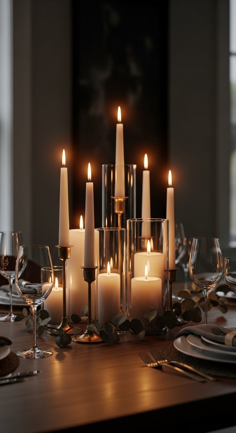 Elegant cluster of lit taper and pillar candles in brass and glass holders on a dark wood dining table