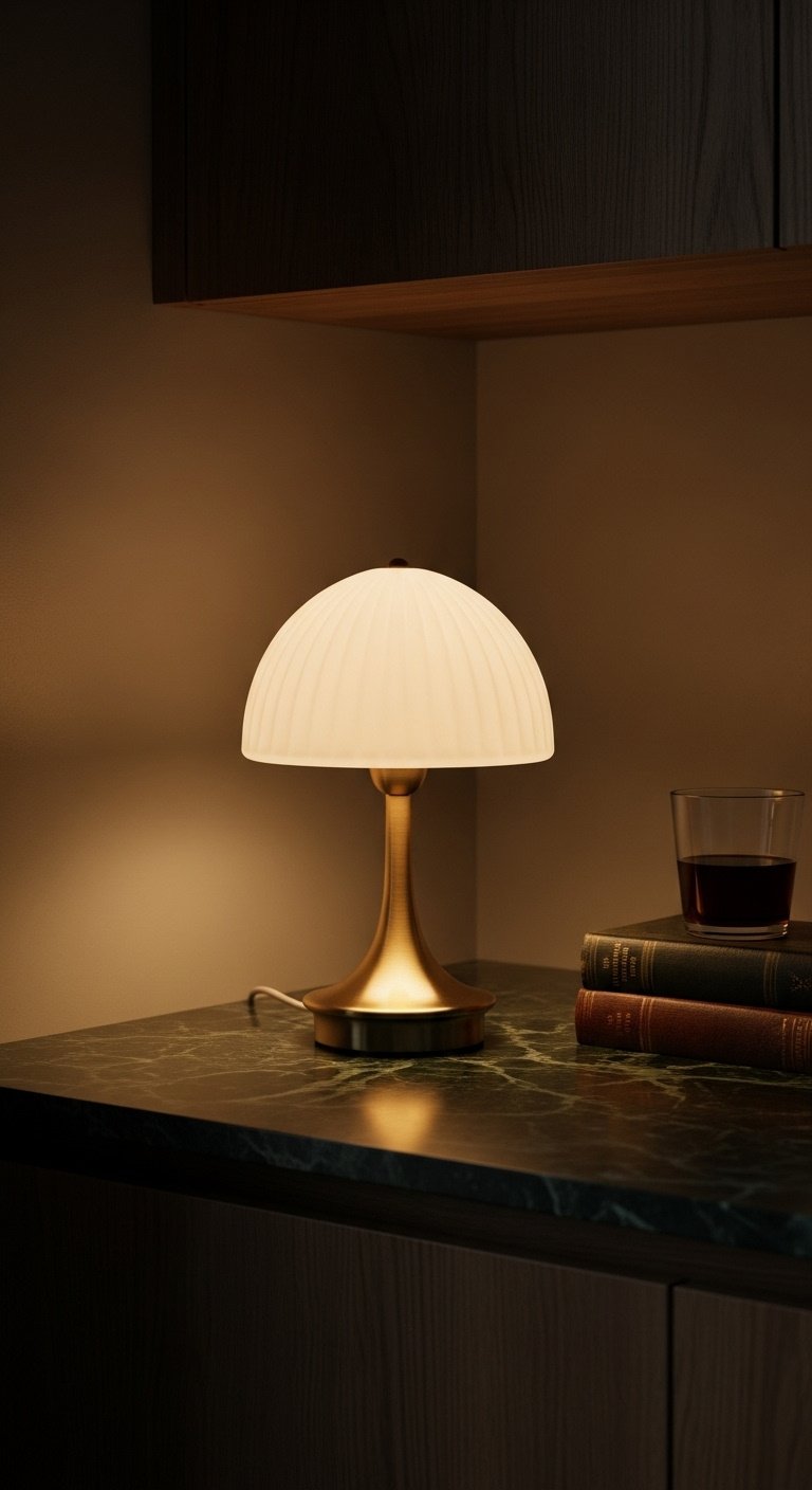 Elegant cordless mushroom lamp with brass base and pleated shade on dark green marble countertop