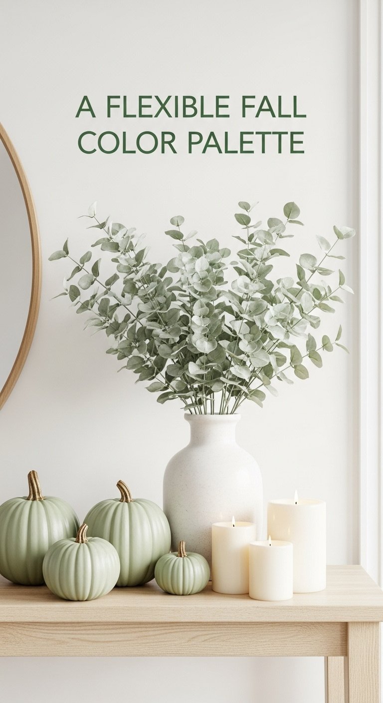 Elegant fall console table with sage green pumpkins eucalyptus stems and creamy white candles in natural light