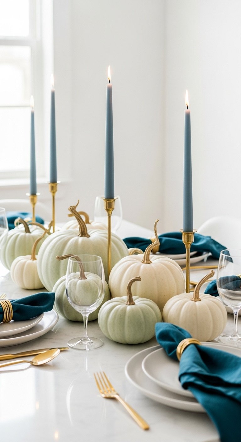 Elegant fall kitchen table decor with white and pale green pumpkins dusty blue taper candles and deep teal linen napkins on a marble table