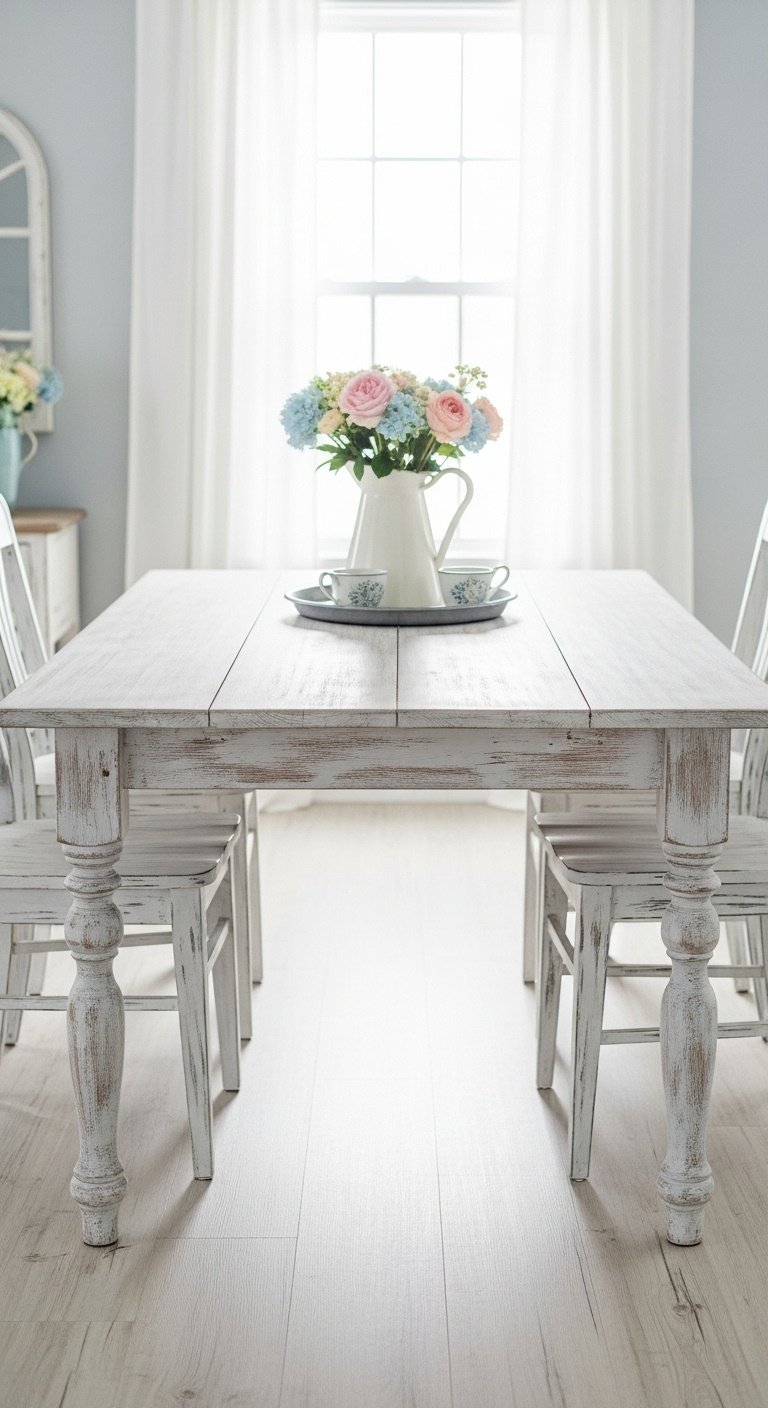 Elegant farmhouse table with distressed antique white paint finish showing subtle wood grain and turned legs