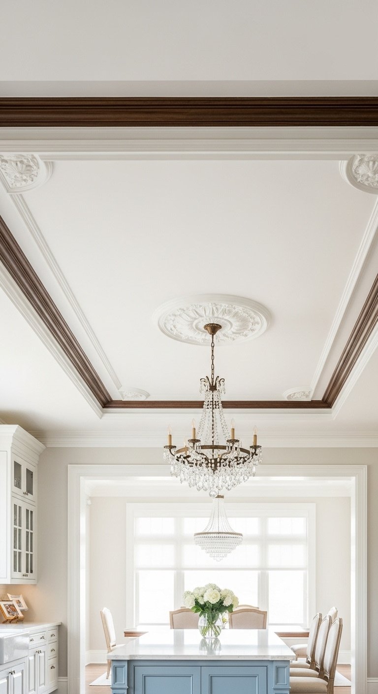 Elegant kitchen ceiling with intricate gypsum molding a central medallion and a multi-tiered crystal chandelier