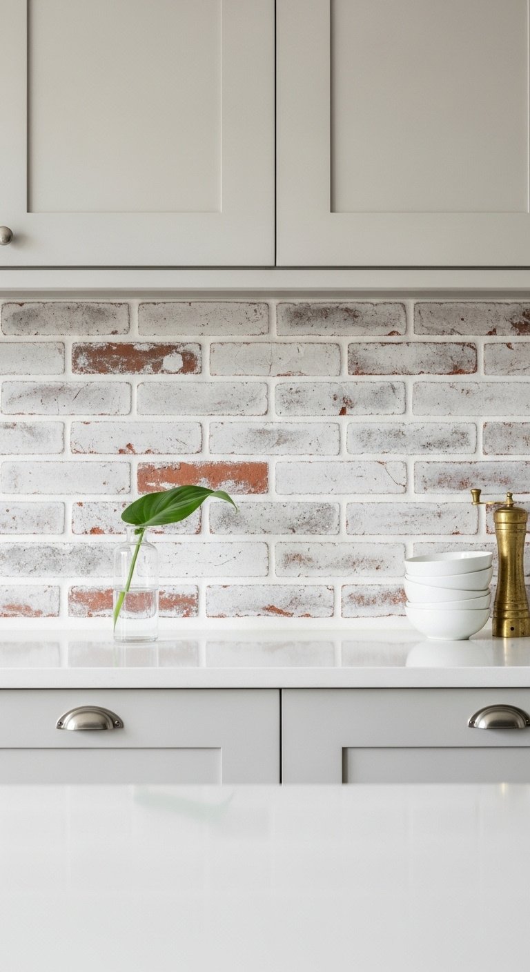 Elegant kitchen featuring a whitewashed brick backsplash white quartz countertop and light gray cabinets with minimalist decor