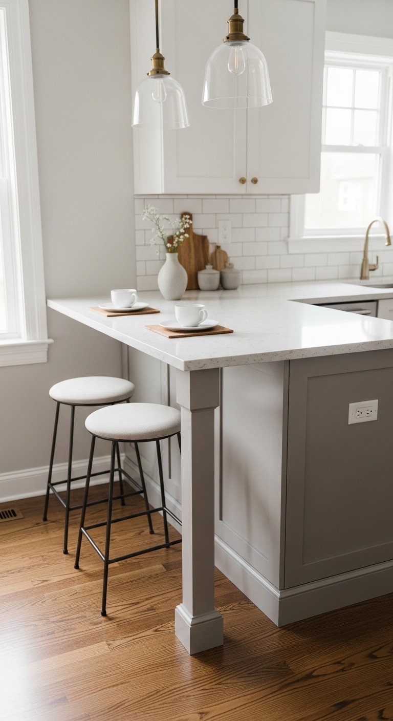 Elegant kitchen peninsula dining table for small spaces with two stools and minimalist decor