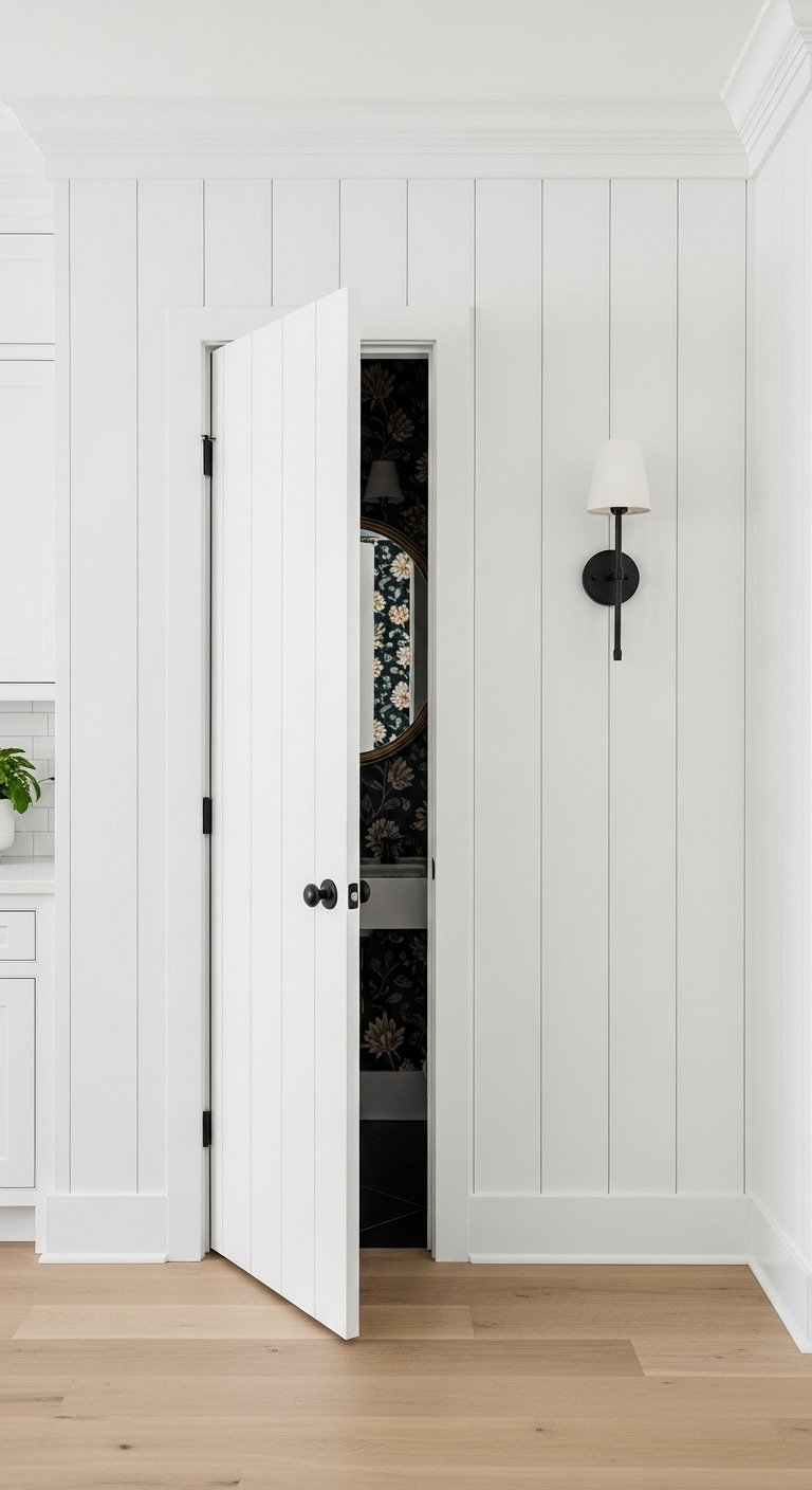 Elegant kitchen wall with seamless white shiplap revealing a slightly ajar hidden door to a dark powder room