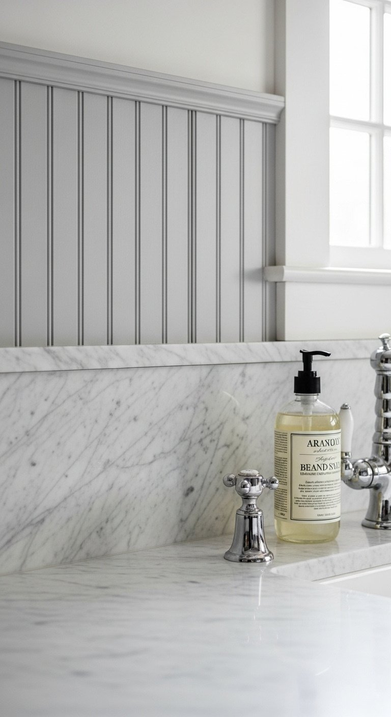 Elegant kitchen with a gray beadboard backsplash marble cap and polished marble countertop under natural light