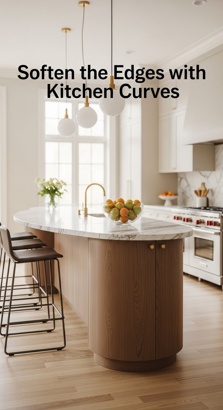 Elegant kitchen with a large oval marble island, modern bar stools, fresh fruit, and polished hardwood floors with bright studio light