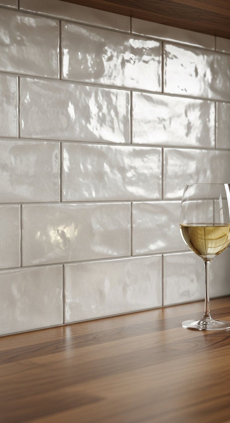 Elegant kitchen with a pearlescent white zellige tile backsplash butcher block counter and glass of white wine