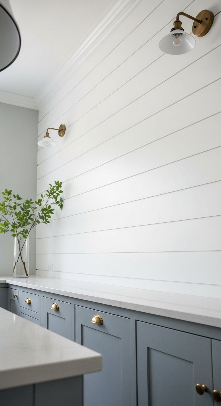 Elegant kitchen with floor-to-ceiling vertical off-white shiplap backsplash light gray counter and gray-blue cabinets with brass accents