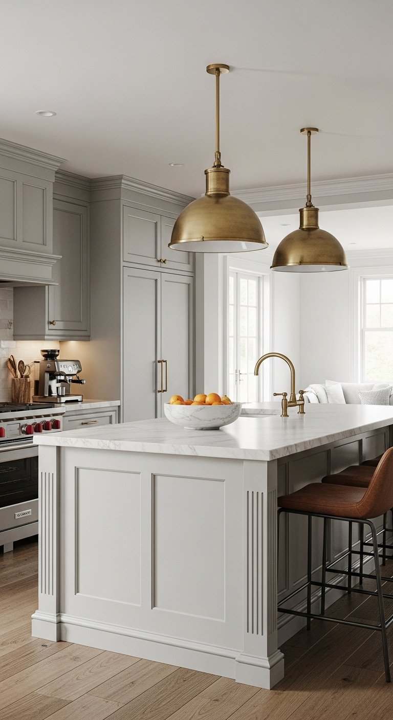 Elegant kitchen with soft gray cabinets and a large white oak island under natural light with brass pendants and luxurious details