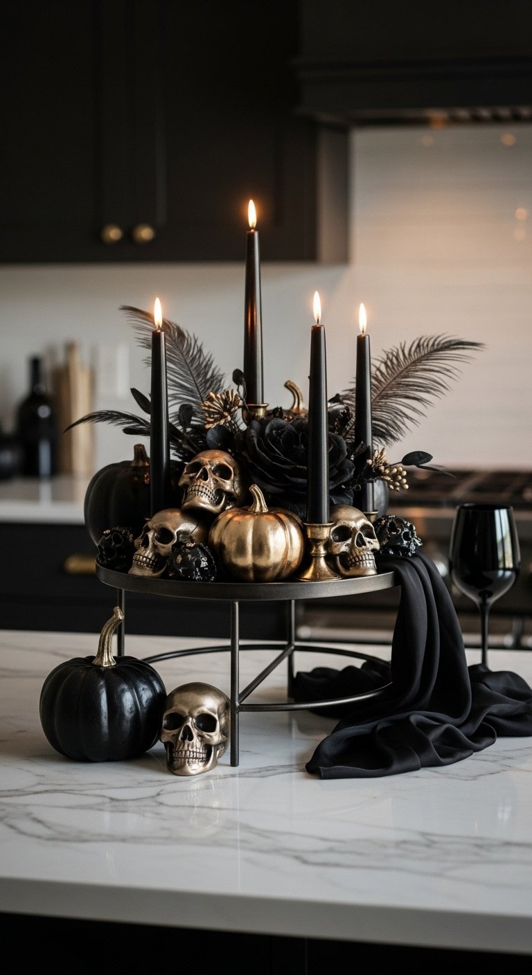 Elegant macabre centerpiece on a dark metal tiered stand with matte black and gold pumpkins