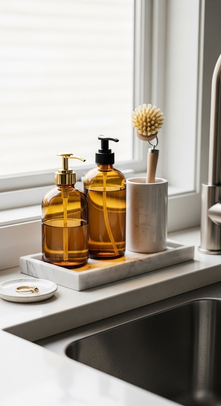 Elegant marble tray on kitchen windowsill with amber soap dispenser dish soap and natural bristle brush