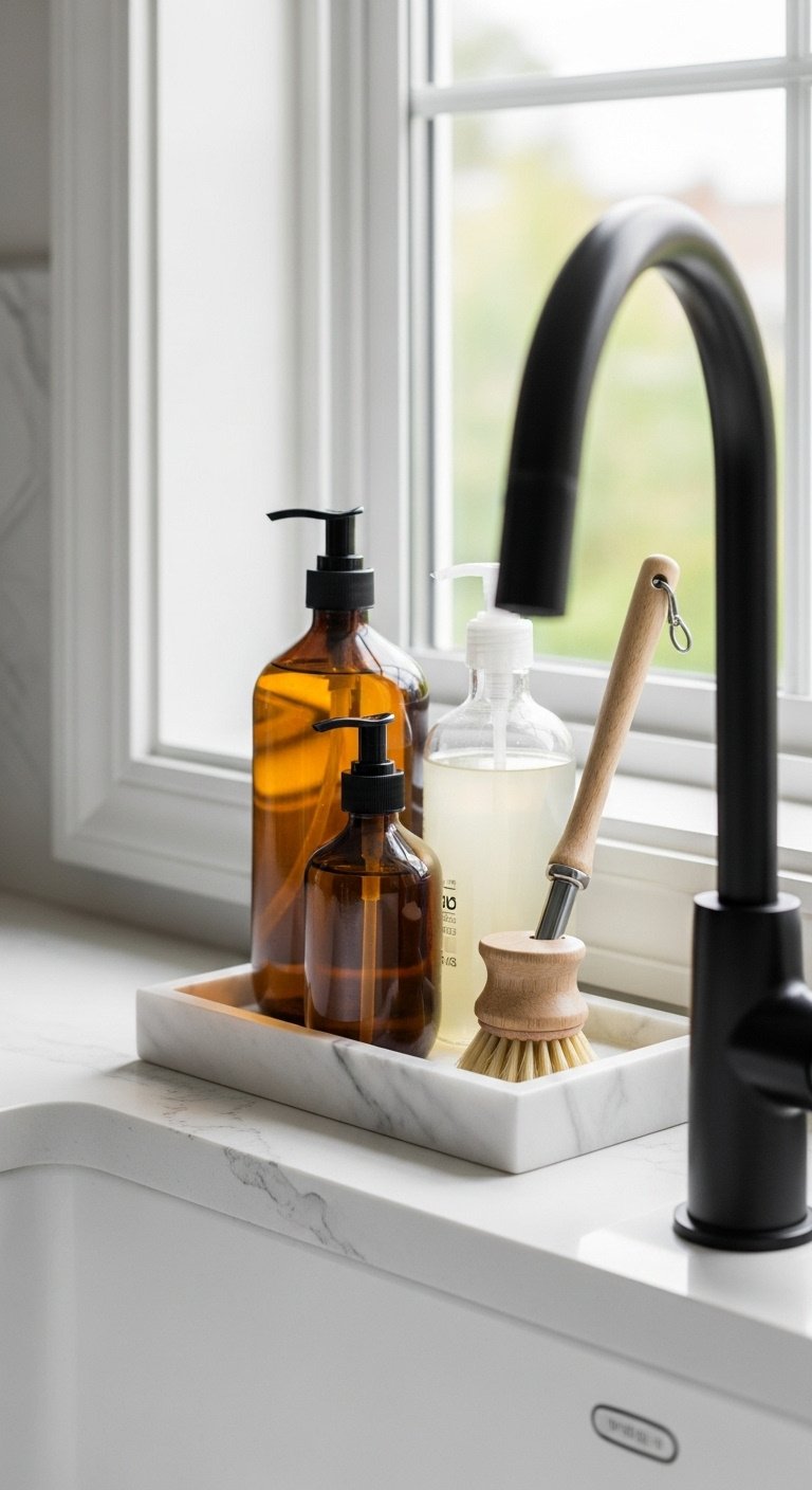 Elegant marble tray on windowsill behind kitchen sink with amber soap bottles wooden dish brush and matte black faucet