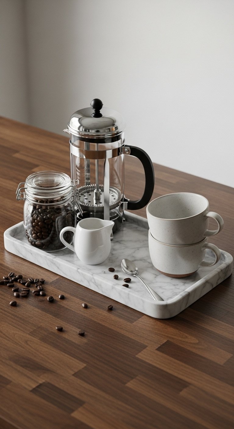 Elegant marble tray with French press coffee beans creamer and mugs on a dark butcher block counter with scattered beans and silver spoon