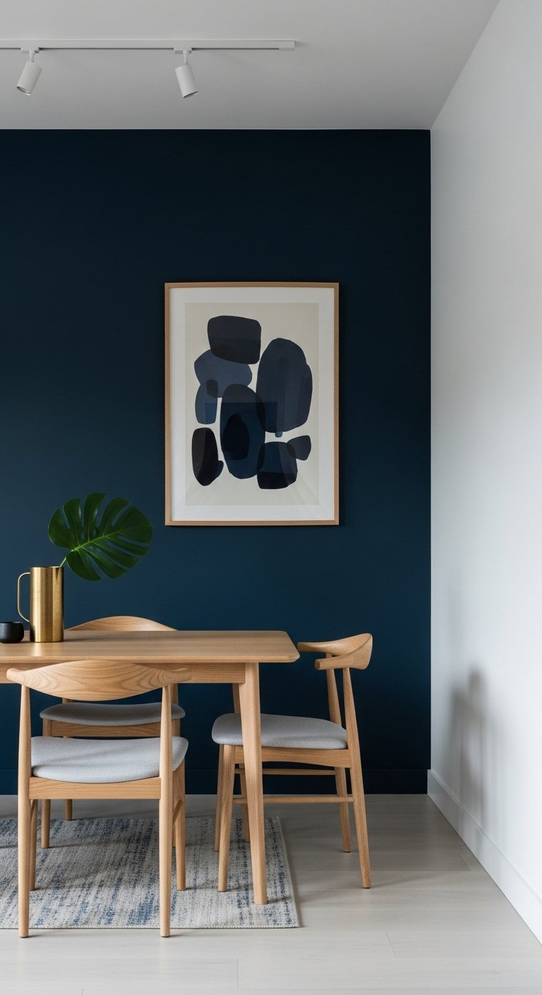 Elegant navy blue accent wall defining a modern dining nook with light wood furniture and brass details