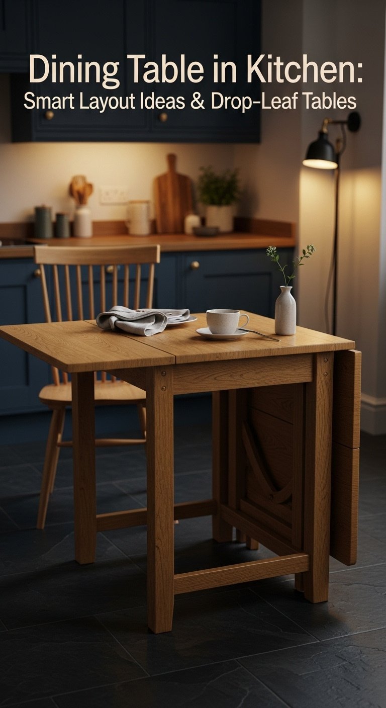 Elegant oak drop-leaf dining table with one leaf up in a small kitchen with deep blue cabinets and slate floor