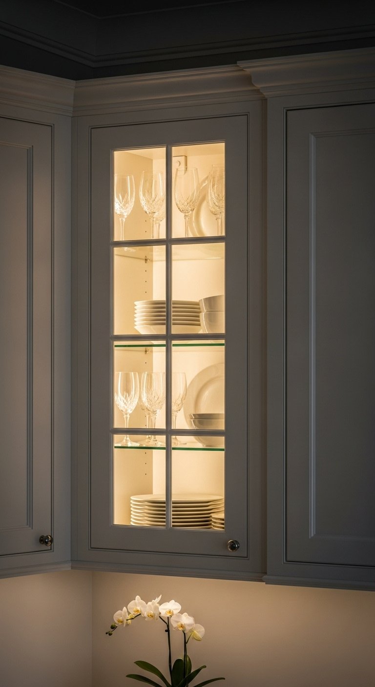 Elegant off-white diagonal upper cabinet with glass door, interior lit, displaying white ceramic plates and wine glasses, warm moody light