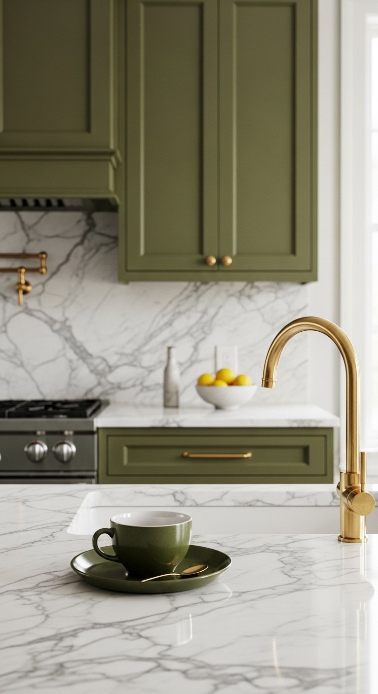 Elegant olive green kitchen cabinets with inset doors white marble countertops brass faucet bowl of lemons natural light