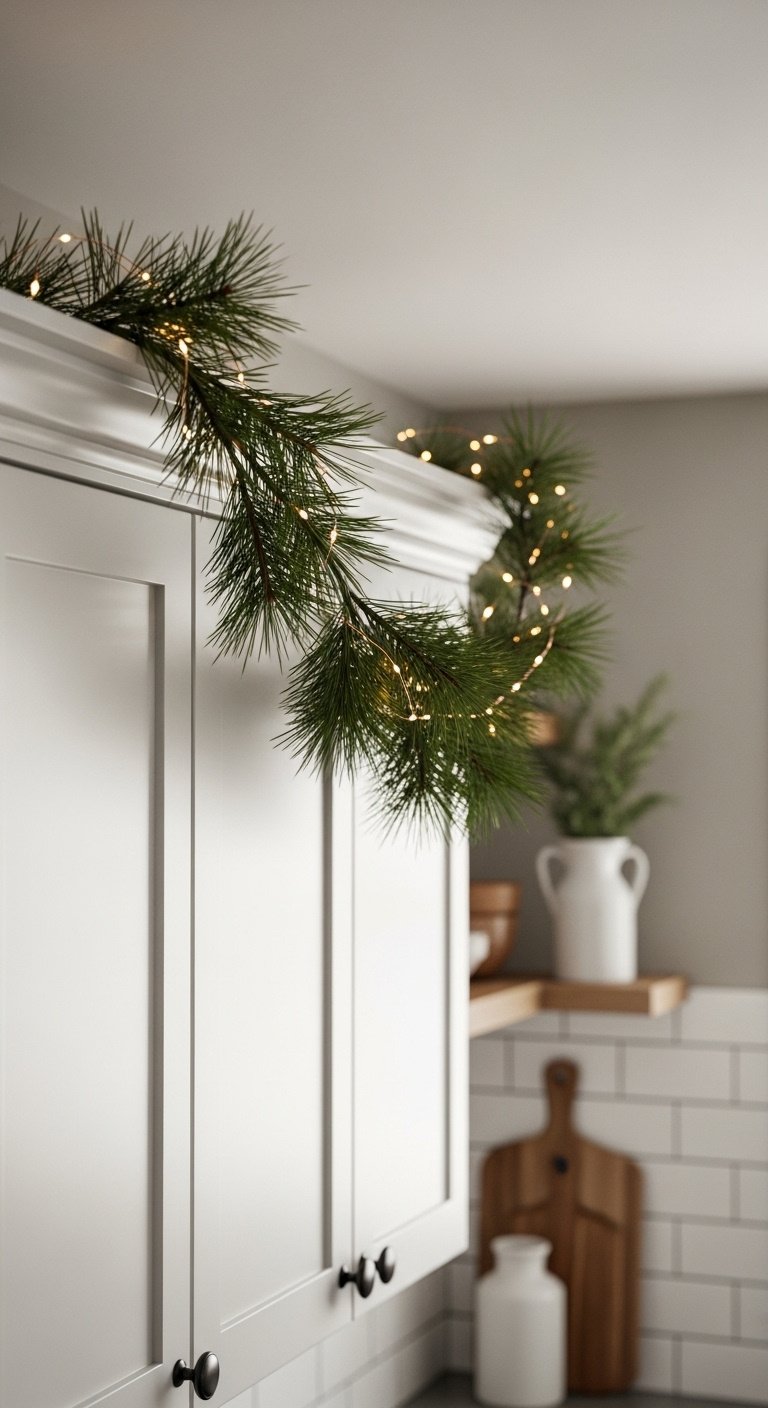 Elegant pine garland with warm fairy lights draped above white kitchen cabinets with a ceramic vase and cutting board