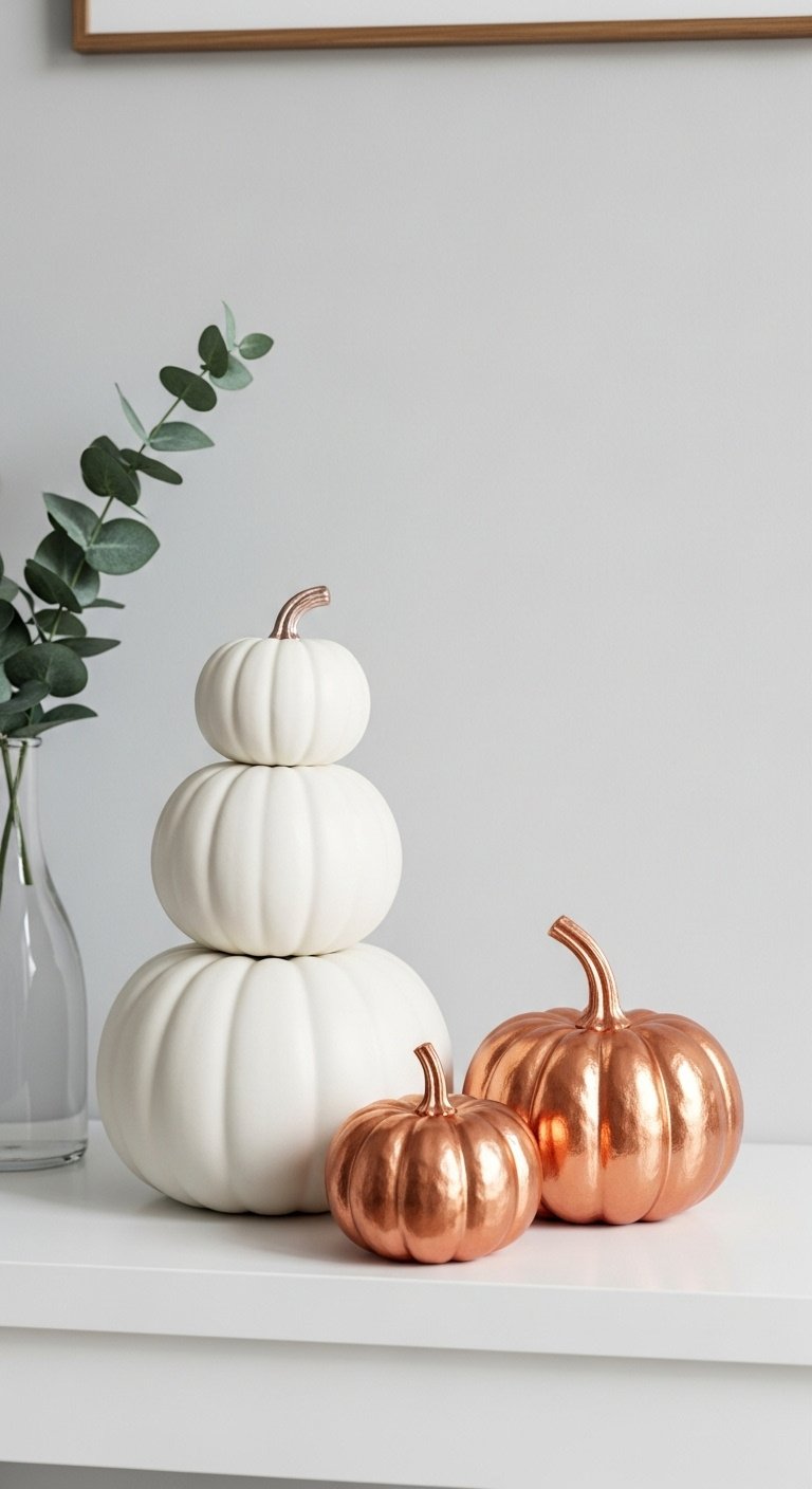 Elegant stack of matte white pumpkins next to metallic copper pumpkins on a white console table with eucalyptus and minimalist background