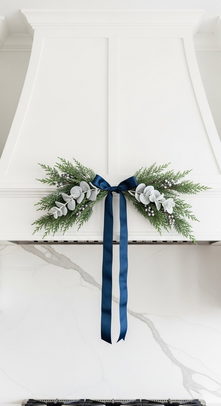 Elegant swag of faux cedar and silver dollar eucalyptus with navy blue silk ribbon on a modern white kitchen range hood