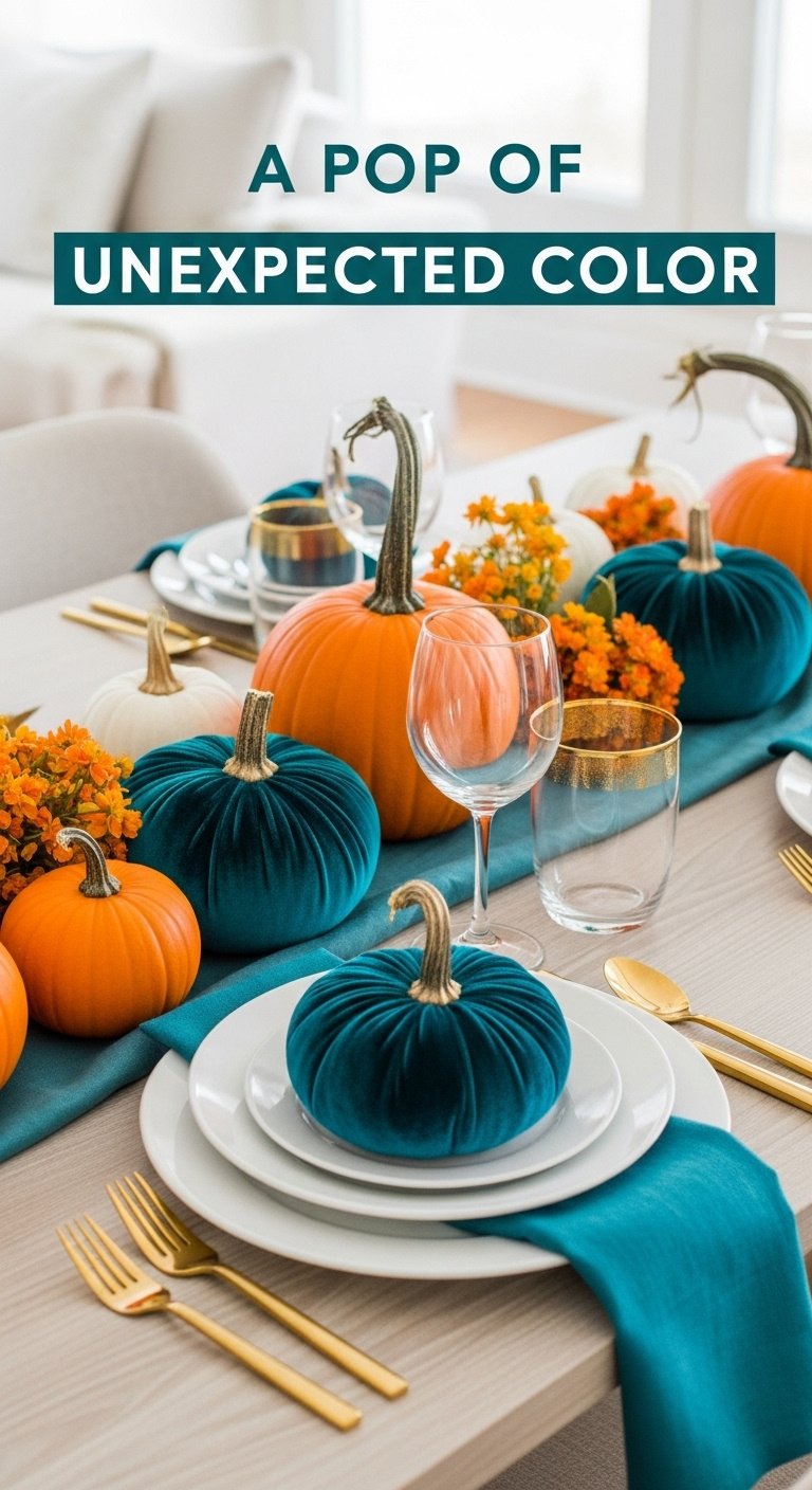 Elegant tablescape with traditional orange and deep teal velvet pumpkins with teal linen napkins and gold cutlery