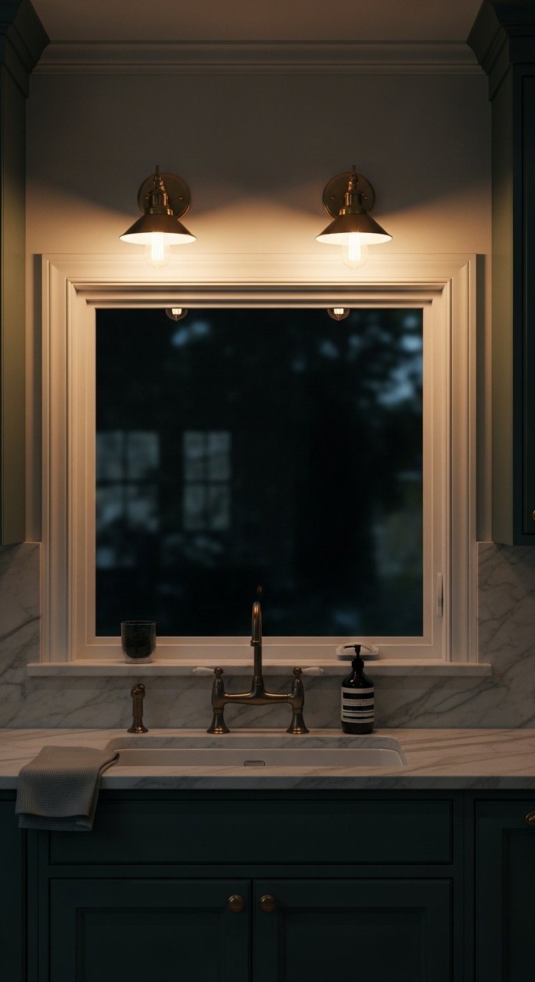 Elegant vintage style brass sconce lights casting warm glow on cabinetry framing kitchen window over sink