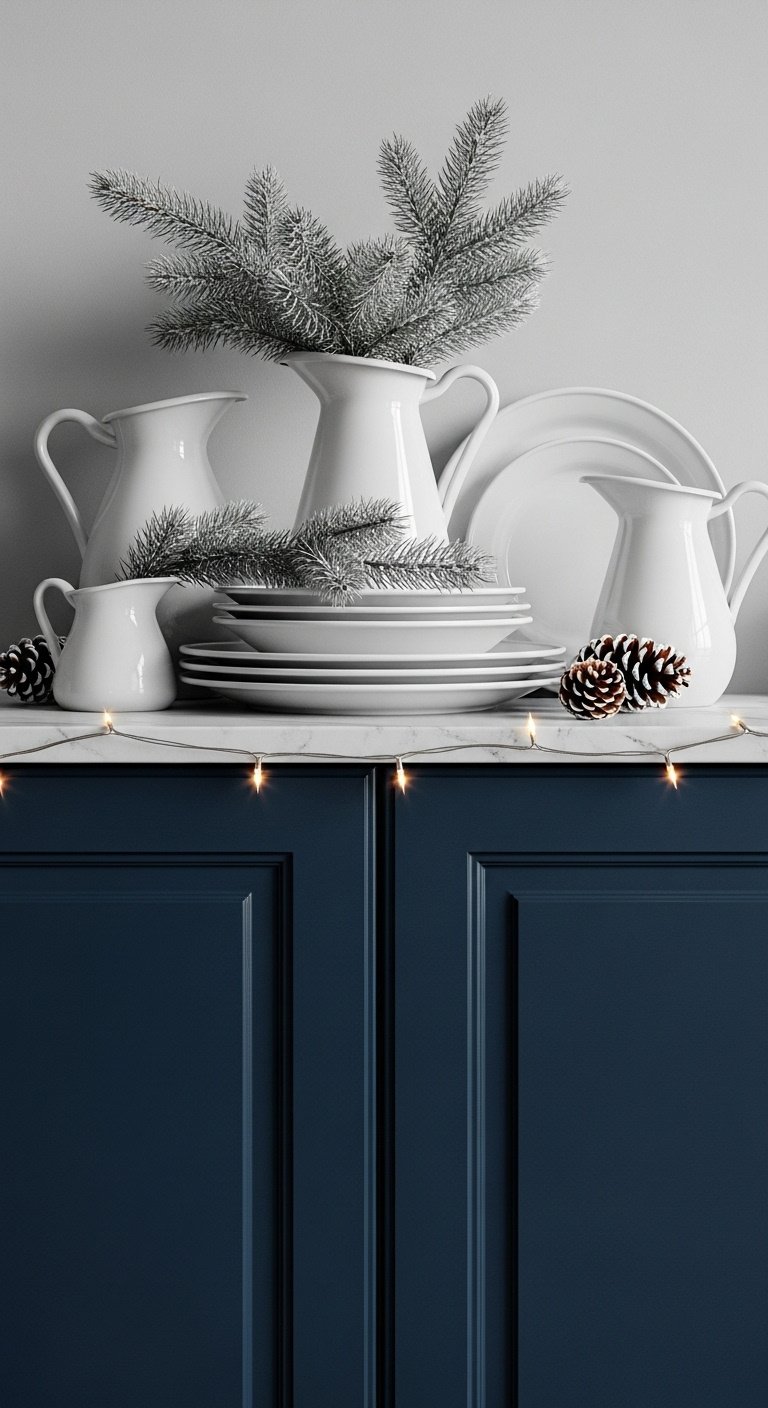 Elegant white ceramic pitchers and platters with snow frosted pine branches on top of dark blue kitchen cabinets