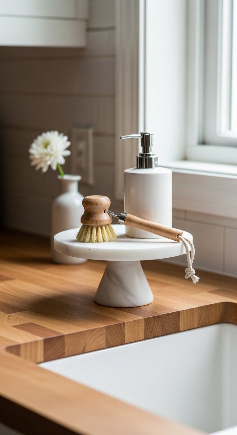 Elegant white marble cake stand with ceramic soap dispenser and wooden dish brush on a butcher block countertop for sink decor