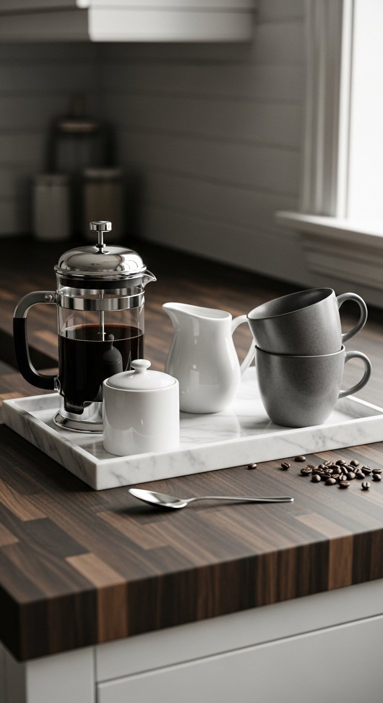 Elegant white marble coffee tray with glass French press cream pitcher sugar bowl and gray mugs on dark butcher block counter
