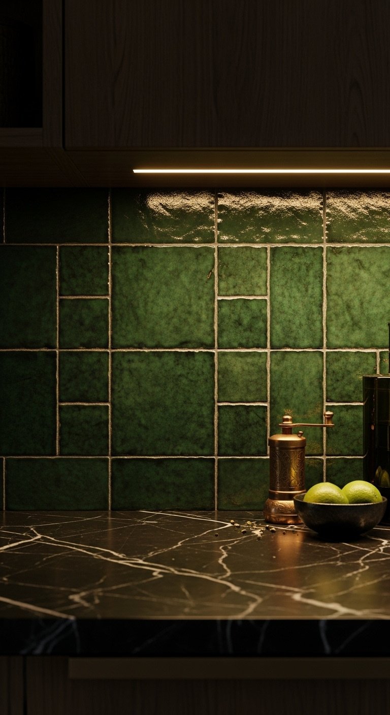Emerald green zellige tile backsplash dark marble countertop dark wood cabinet brass pepper grinder limes moody lighting