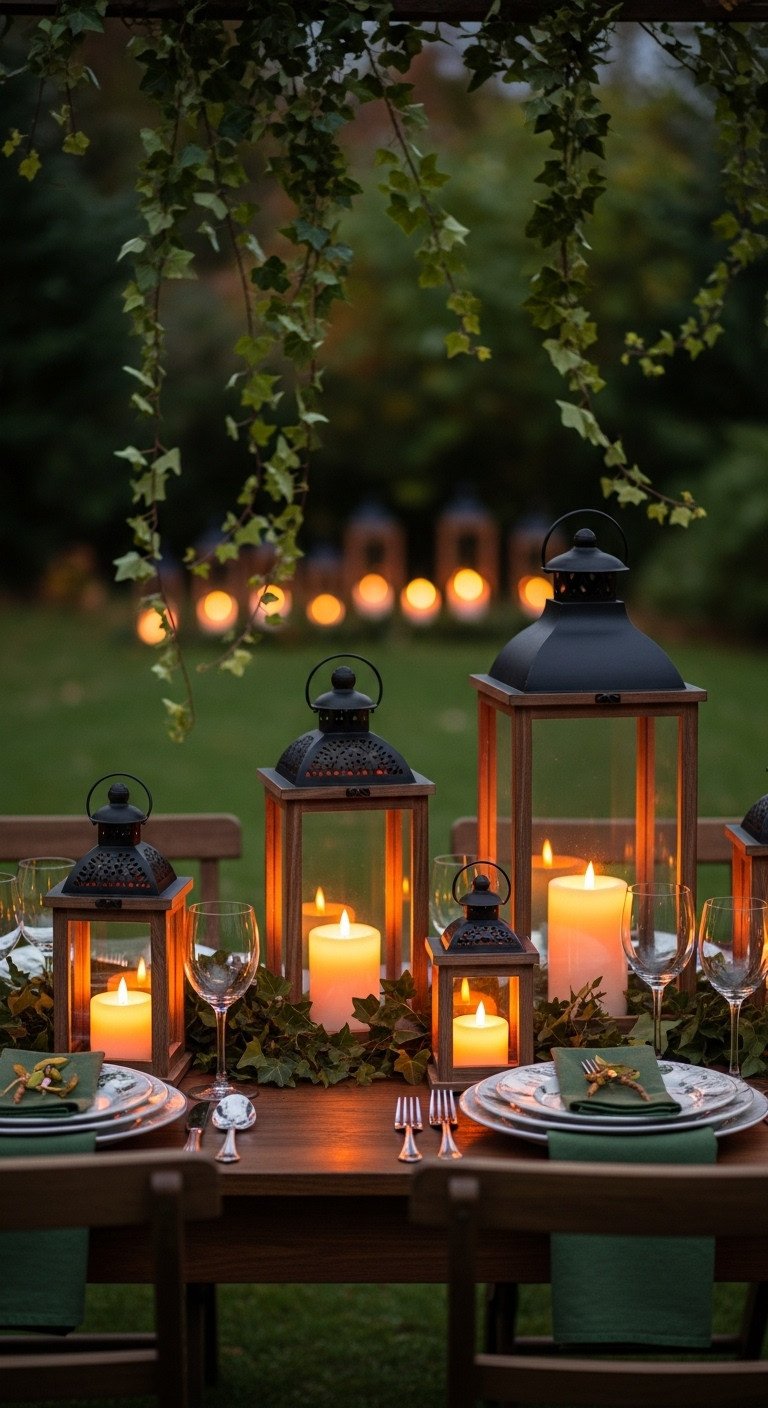 Enchanted garden outdoor Thanksgiving table with black metal and wooden lanterns flickering battery-operated pillar candles and botanical print plates