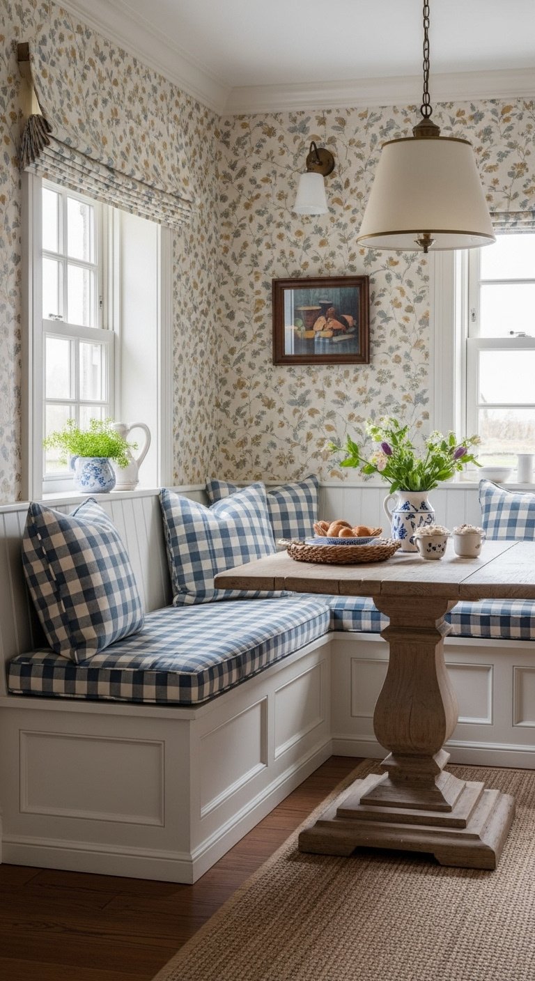 English country kitchen breakfast nook with a blue and white gingham seat cushion and vintage inspired botanical wallpaper