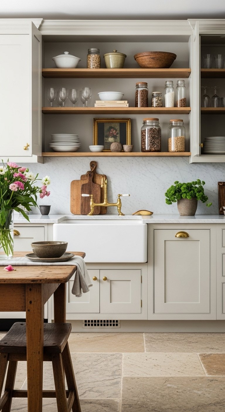 English country kitchen celebrating imperfection and patina with unlacquered brass hardware reclaimed wood and natural stone countertops