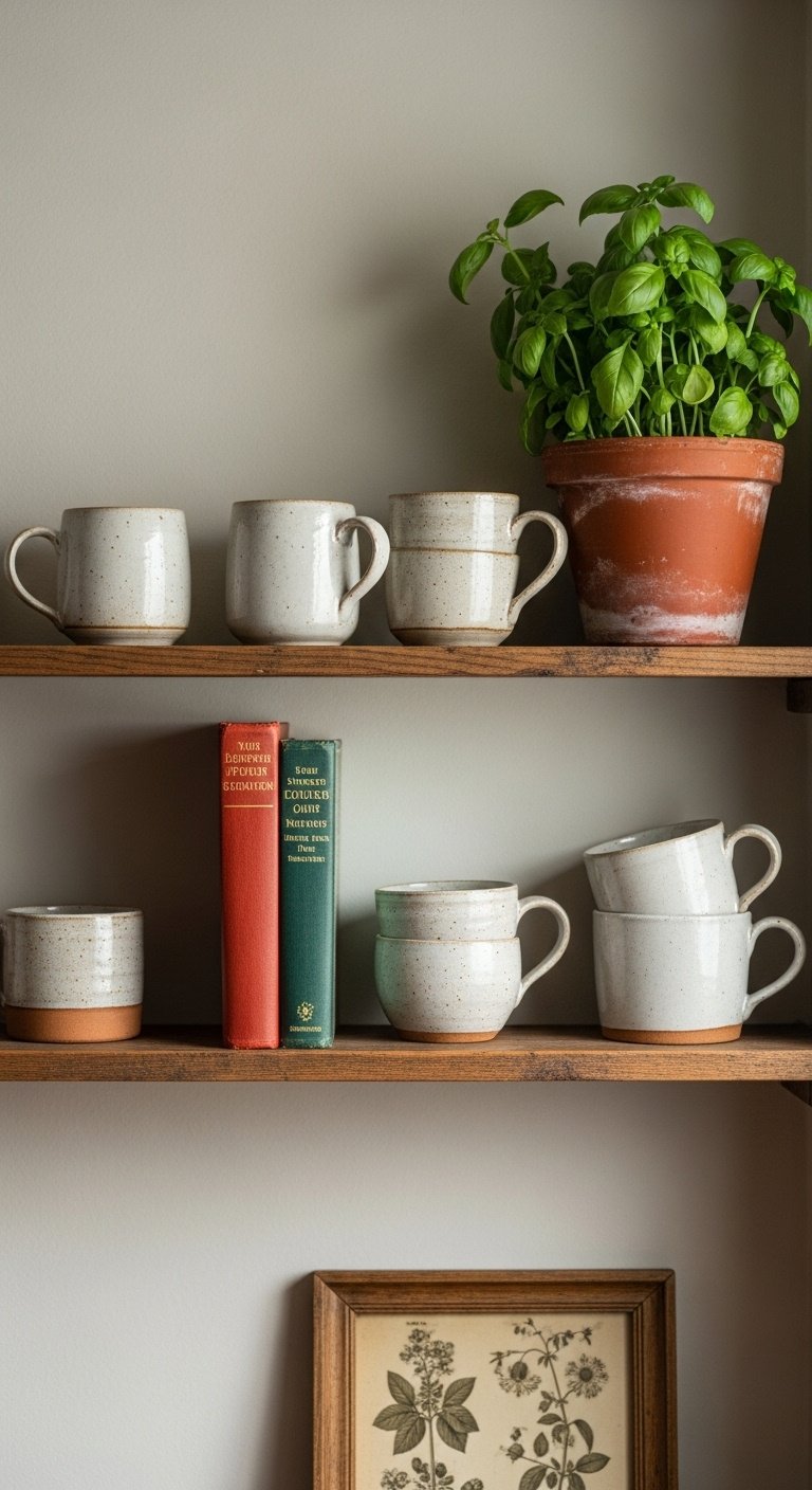 English country kitchen open shelf with handmade ceramic mugs vintage cookbooks terracotta pot basil plant and botanical print