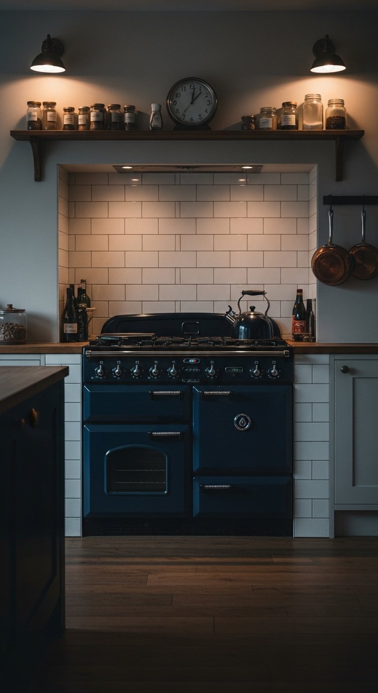 English country kitchen with a classic deep navy blue enamel range cooker in a tiled alcove with a traditional kettle and copper pans