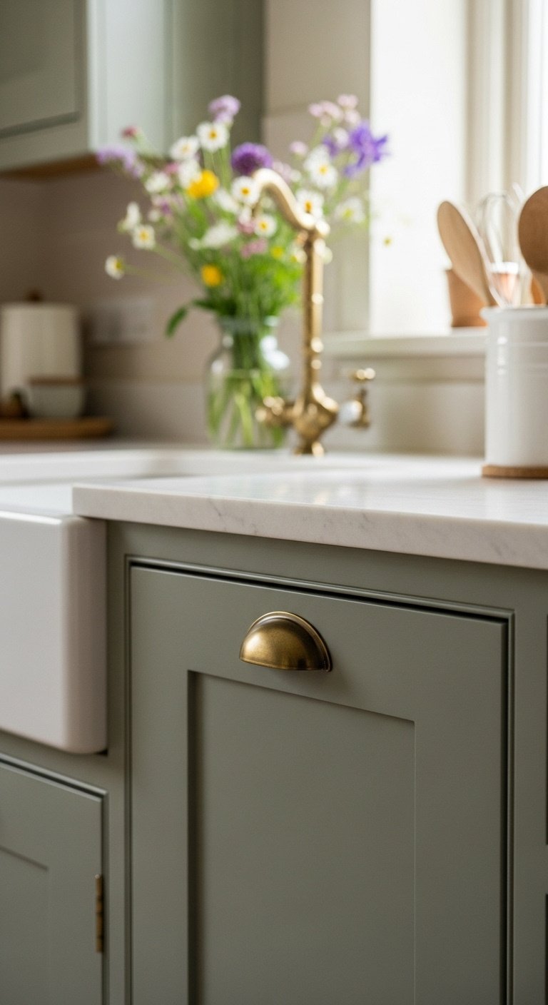 English country kitchen with a matte sage green cabinet door vintage brass knob and creamy white marble countertop