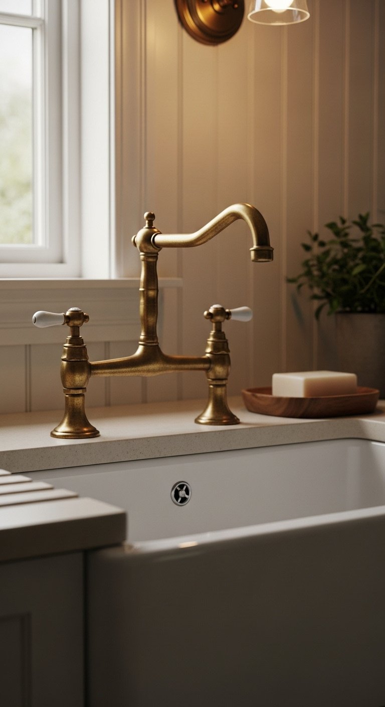 English country kitchen with a vintage inspired unlacquered brass bridge style faucet and white ceramic farmhouse sink with potted herb