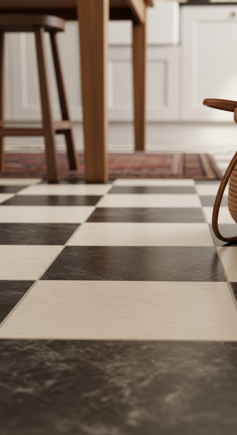 English country kitchen with classic checkerboard floor in soft black and creamy white with a wooden island and rustic stool