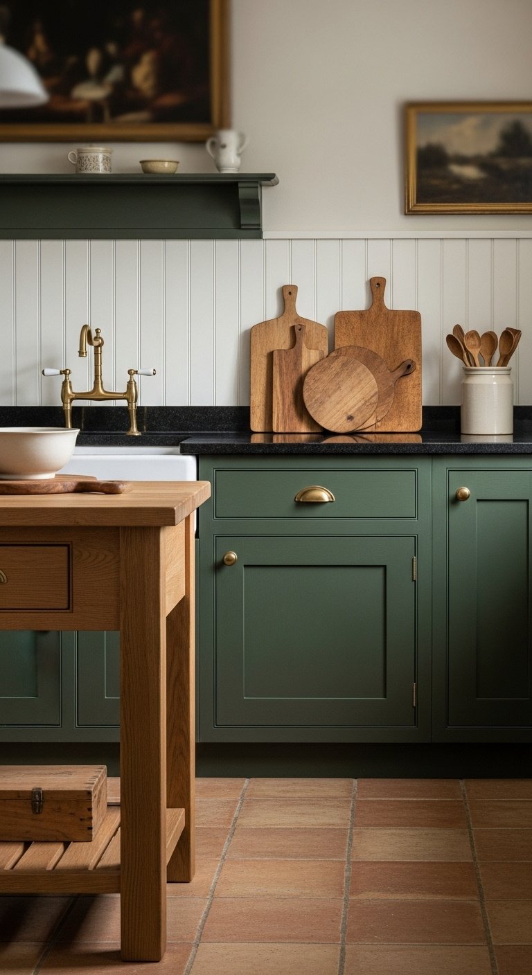 English kitchen with deep green cabinets black granite countertop beadboard backsplash and a natural wood island