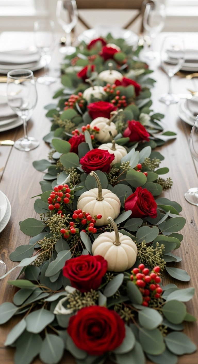 Eucalyptus runner with red roses white pumpkins and red berries on a rustic farmhouse dining table