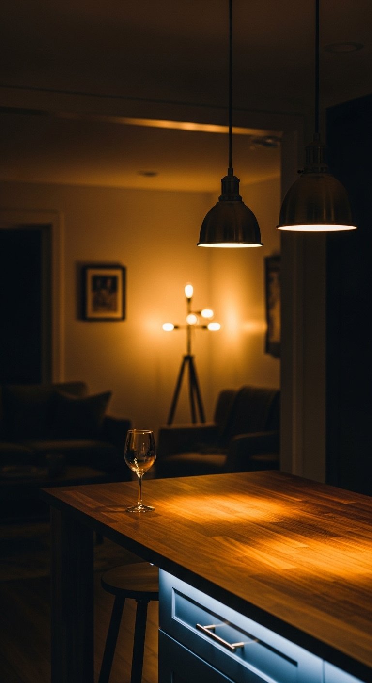 Evening scene in an open-concept space with brass pendant lights over a kitchen island and warm living room lighting