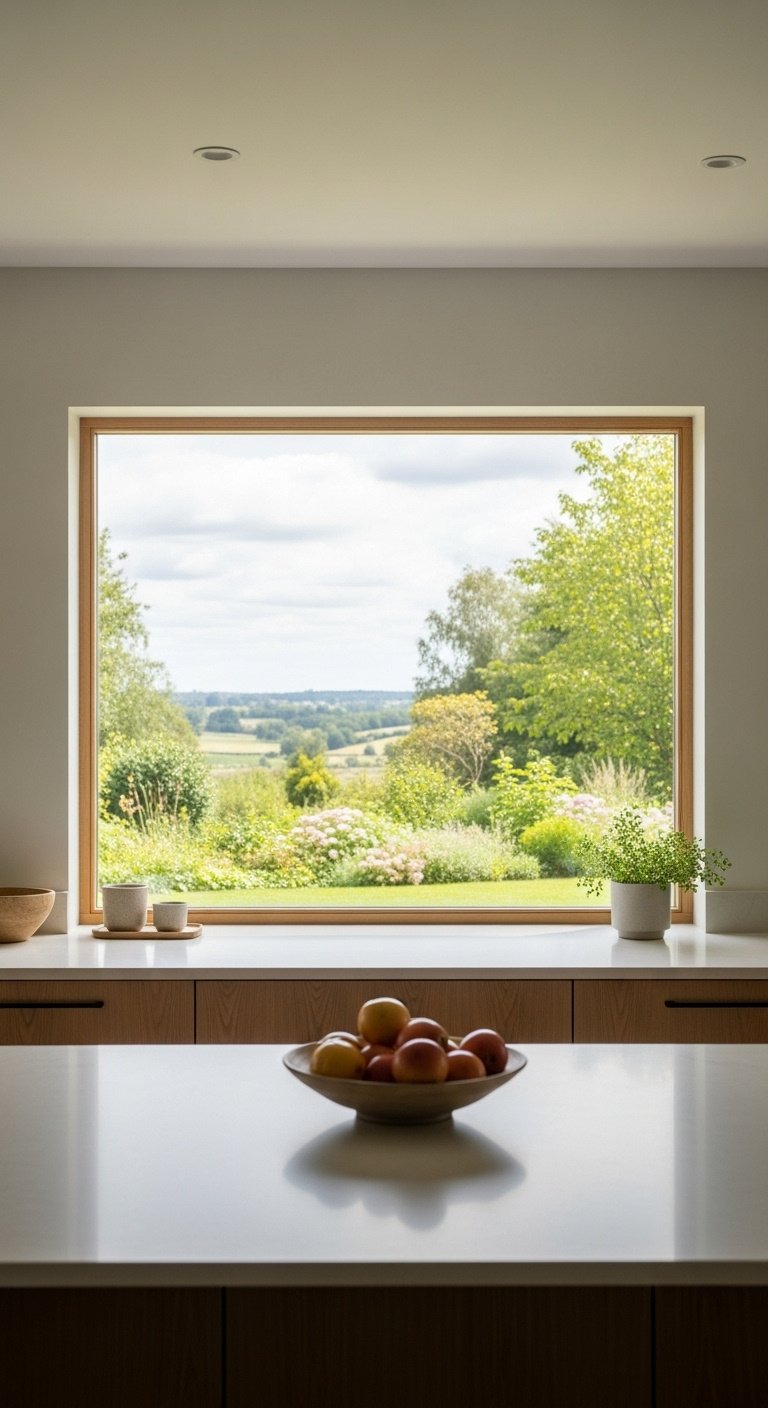Extra wide single pane picture window behind kitchen counter with unobstructed view of beautiful garden landscape