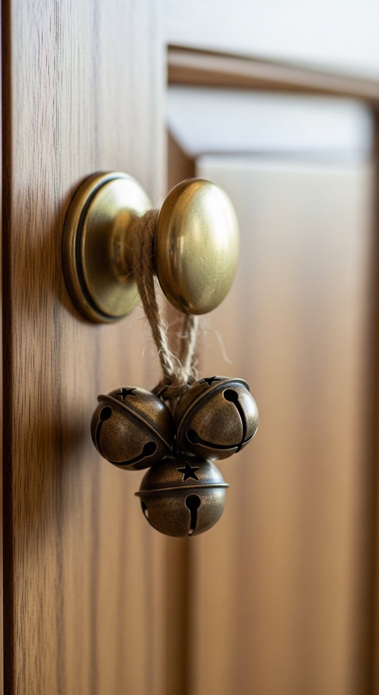 Extreme close-up of rustic antiqued brass sleigh bells tied with jute twine to a brass kitchen cabinet knob