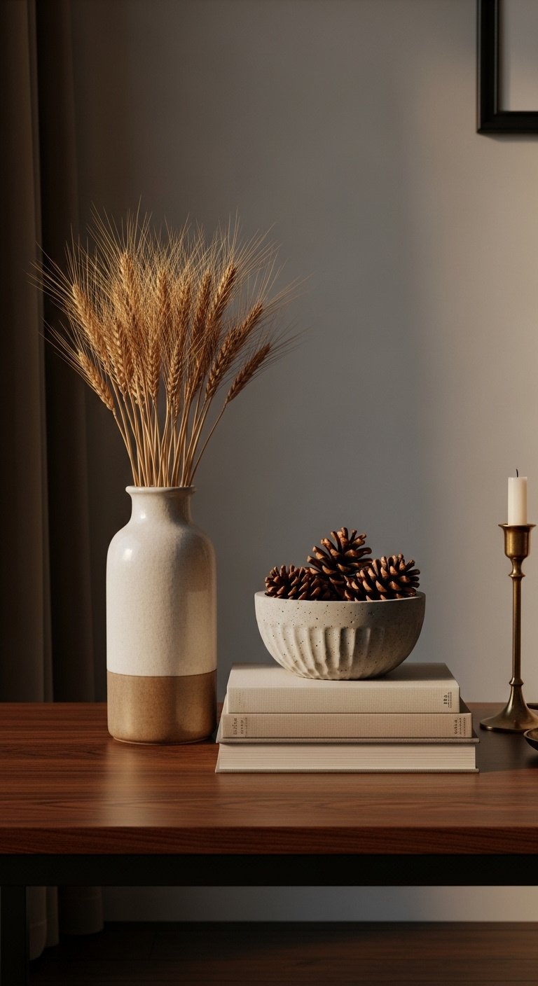 Fall coffee table decor with a decorating triangle of a vase books and bowl on a dark wood table