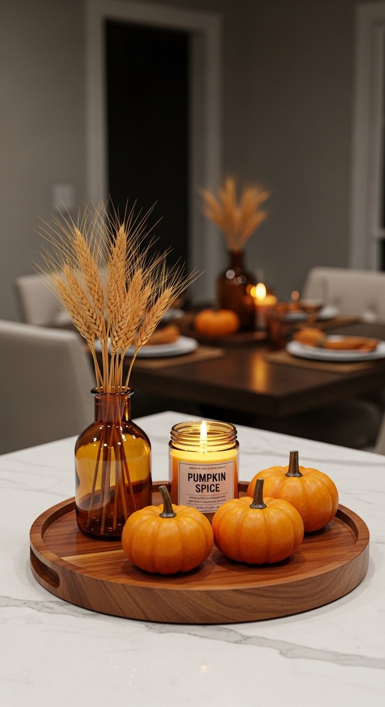 Fall kitchen decor extending beyond the dining table with a wooden serving tray amber vase dried wheat a pumpkin spice candle and pumpkins