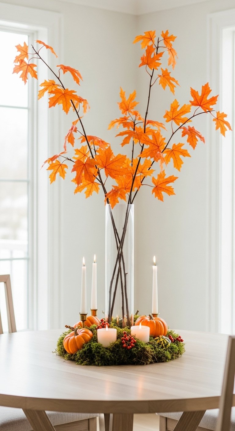 Fall kitchen table decor with a dramatic centerpiece of tall branches with orange autumn leaves mini pumpkins and candles in a glass vase